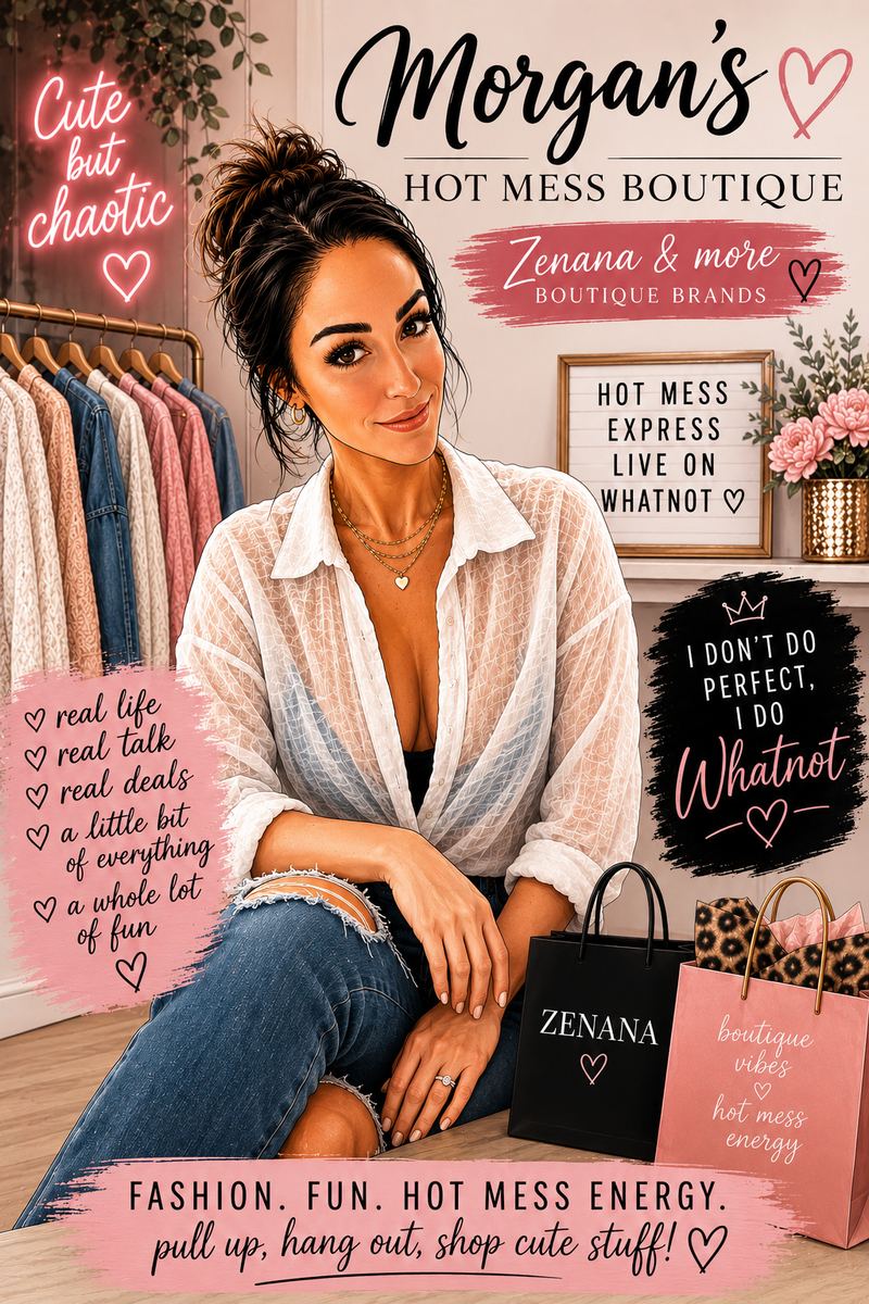 Morgan in her boutique studio with Hot Mess Express branding