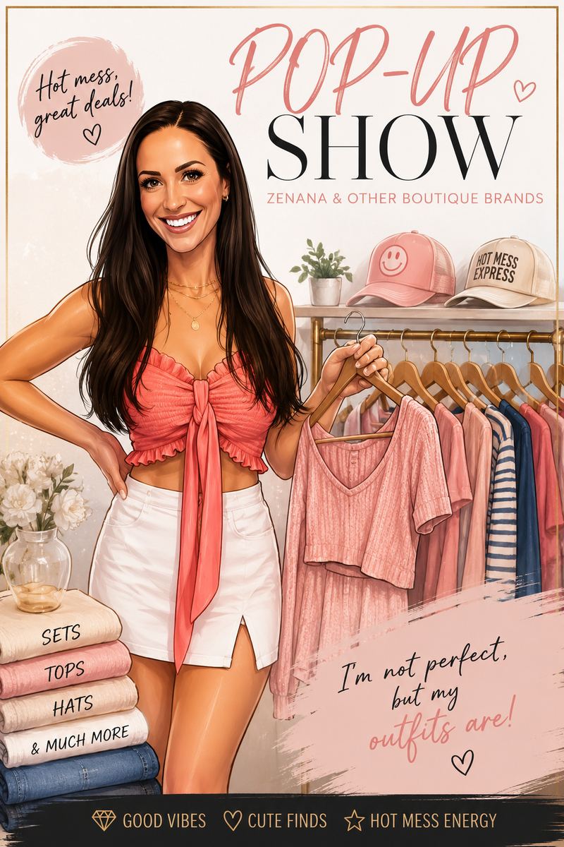 Hot Mess Express pop-up show artwork with boutique racks and folded sets